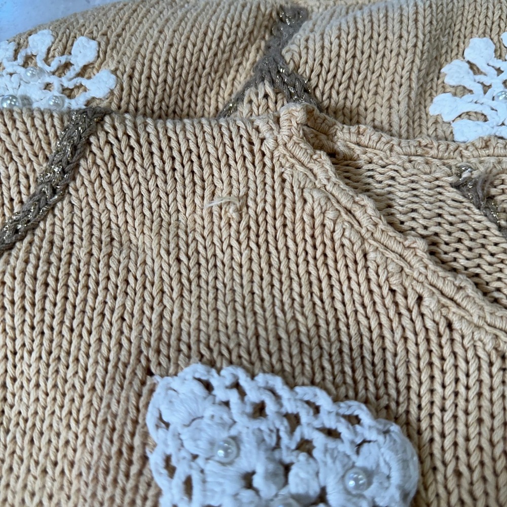 Vintage 90s Casual Corner Statement Knit Sweater Women L Embellished Pearls Gold - Picture 5 of 9